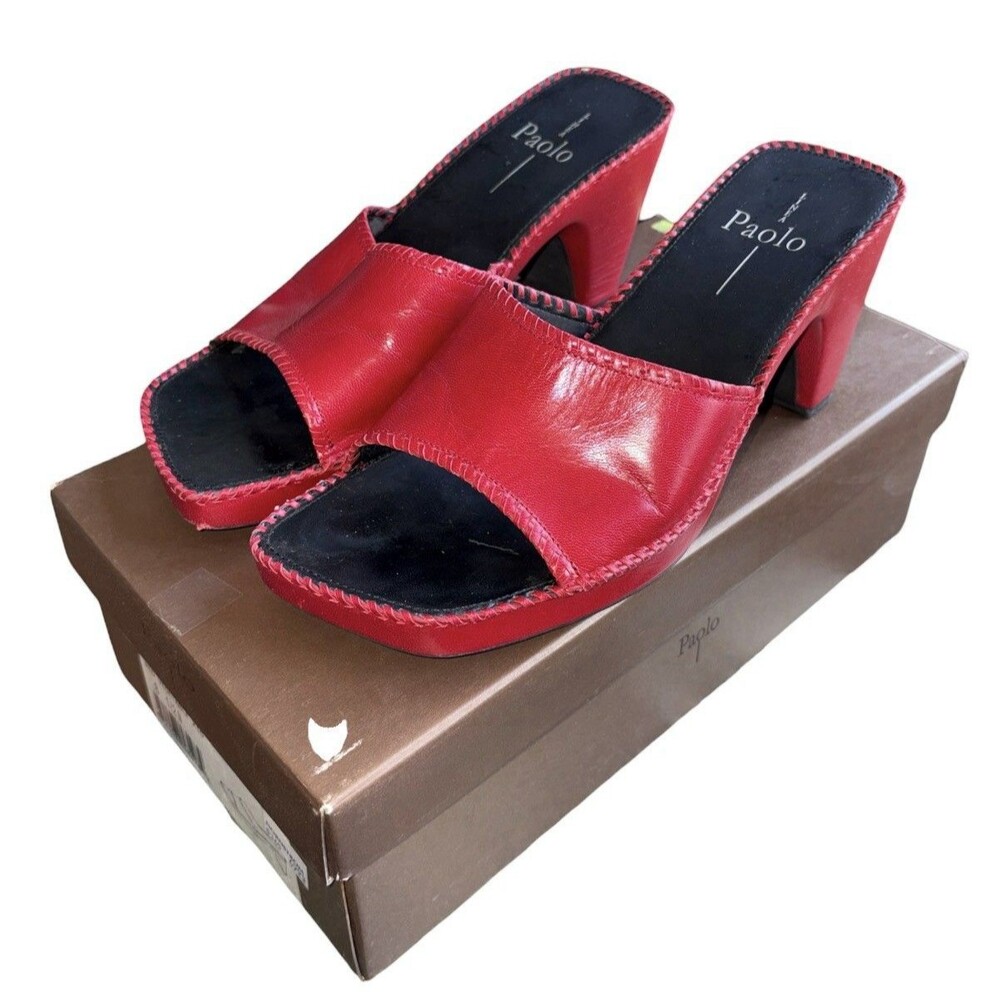 Linea Paolo Square Toe Heeled Sandals Slide Women's 8.5 Red Leather Marchal Y2K